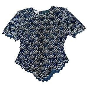 Vintage Lawrence Kazar Bead Silk Top Pearl Sequin Black L Western Glam 1 lb 3 oz